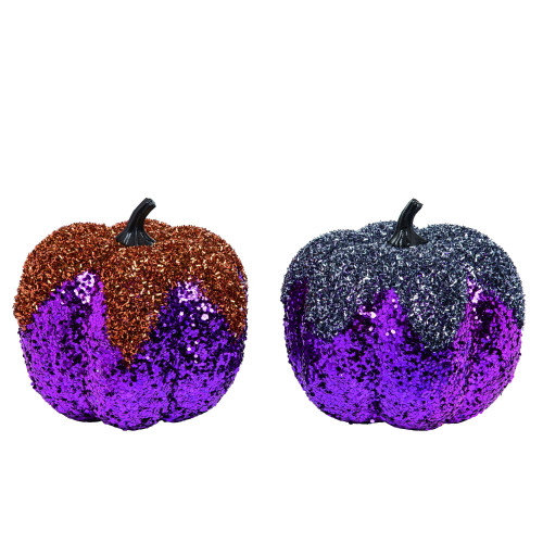 Set of 2 Purple and Brown Glitter Pumpkin Halloween Tabletop Decors 8"