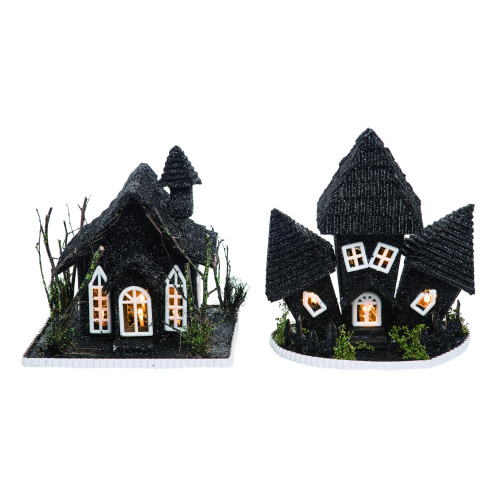 Set of 2 Black and White Lighted Haunted House Halloween Tabletop Decors 16"