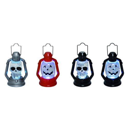 Set of 4 Black and Red Lighted Skull with Pumpkin Lanterns Halloween Decors 5"