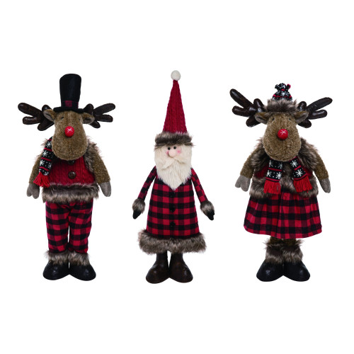 Set of 3 Red and Black Plush Rustic Standing Christmas Figurine 24"