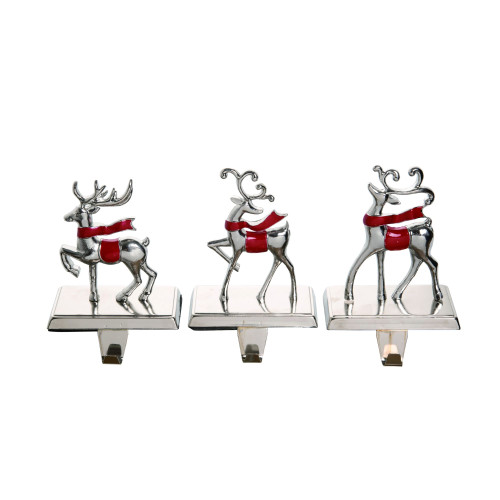 Set of 3 Silver and Red Christmas Scarf Reindeer Stocking Holders 6"
