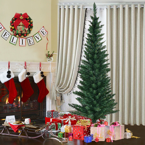 Costway 5Ft6Ft7Ft9Ft PVC Artificial Pencil Christmas Tree Slim Green
