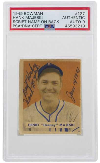 Hank Majeski Signed 1949 Bowman #127 Athletics Card Insc PSA Auto 9