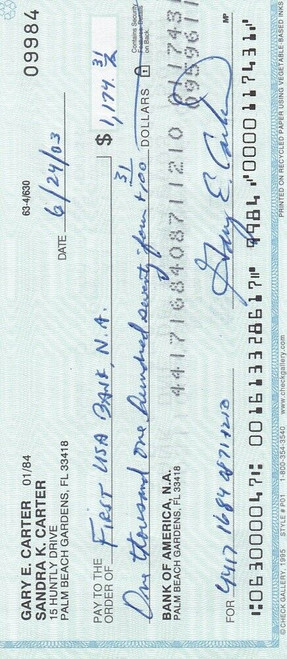 Gary Carter Signed Personal Check #09984 6/24/2003 BAS