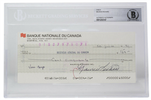 Maurice Richard Signed Montreal Canadiens Personal Bank Check #071 BGS