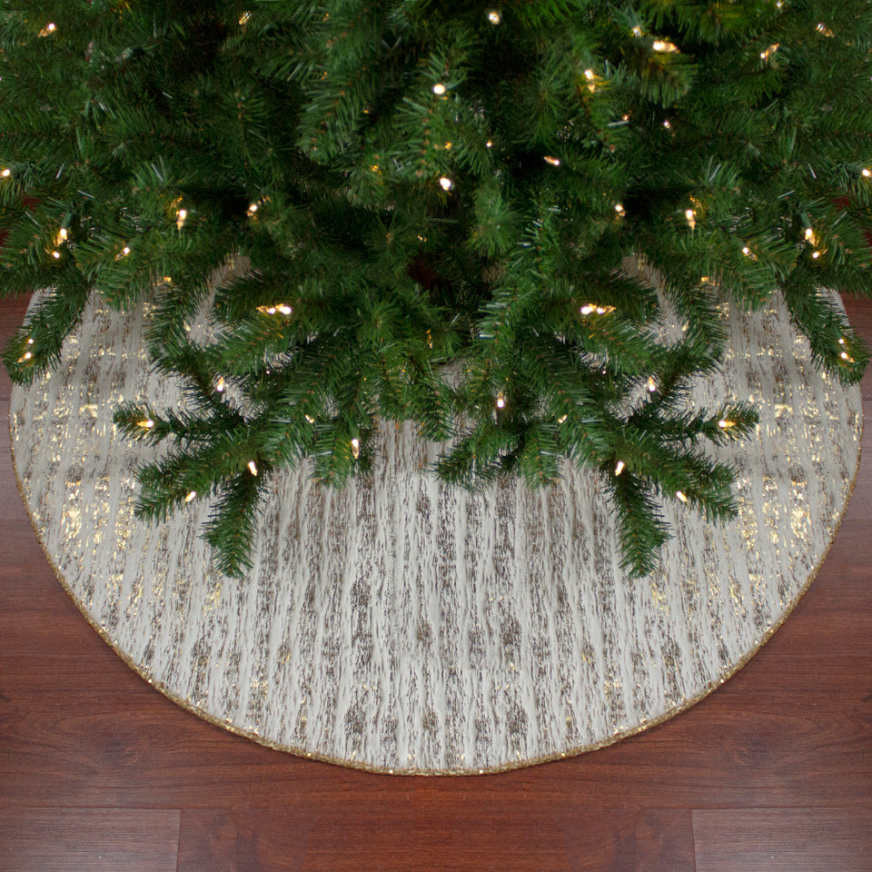 48" Cream & Gold Wood Grain Pattern & Faux Fur Christmas Tree Skirt
