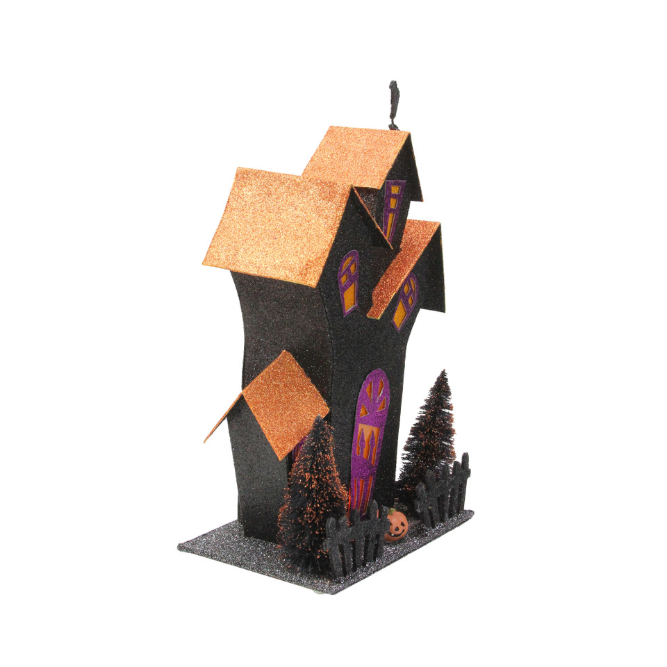 12" Black & Orange LED Lighted Glitter Drenched Halloween Haunted House