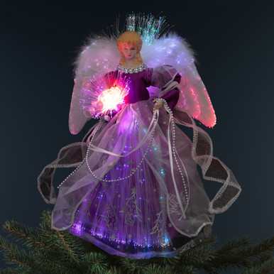 purple dressed black angel christmas tree topper Ivory Elegance 12 Inch Treetopperk Colorful Celebrations Complete with an adaptor this enchanting tree topper will bring a heavenly glow to your holiday decor. Lighted Fiber Optic Color Changing