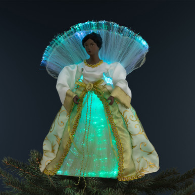 purple dressed black angel christmas light Lighted Fiber Optic African American Angel Christmas Tree Topper - 12