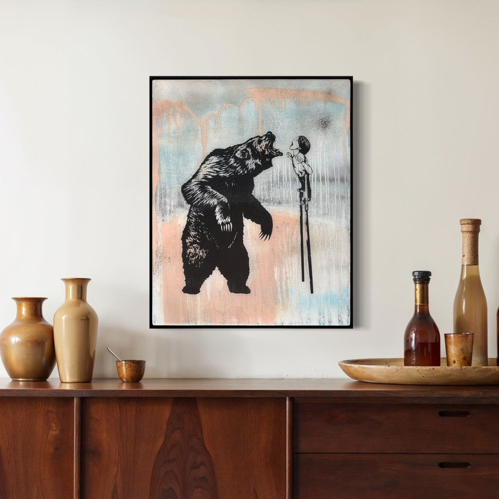 SOLD - FIERCE ON STILTS - one-of-a-kind 24x30 screen print and paint on wood panel, framed, with resin finish- FREE USA SHIPPING