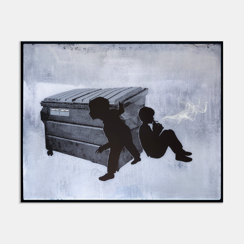 About CAUTION CAUTION:

Inspired from my childhood, CAUTION CAUTION is a tongue and cheek cautionary tale of kids smoking. When I was around 10 years old, a few of my friends and I stumbled upon a cigarette-making machine at a garage sale nearby. We jumped at the opportunity to buy it.  Inside the box was all of the necessary supplies like tobacco, papers, and filters. There was even some chewing tobacco and snuff. Despite the irony of adults selling such items to children, we eagerly began producing and smoking cigarettes in our treehouse. Laying around our treehouse in a nicotine haze, and being good little entrepreneurs, we decided that we must spread the love and sell cigarettes to all of the kids in the neighborhood! And so we did. We had a great little gig going and it sure beat rolling the leaves from the tree of our treehouse in paper bags and smoking that. After a few days and the dead giveaway of smoke plumes rising through the canopy, my mom learned about our scheme and took the contraption away. Fun while it lasted!

Original design by David B. Cuzick

© 2025 Circles and Squares

Medium: Painting and screen print with glass resin finish on wood panel 1 of 3. Dimensions are 24x30 inches
