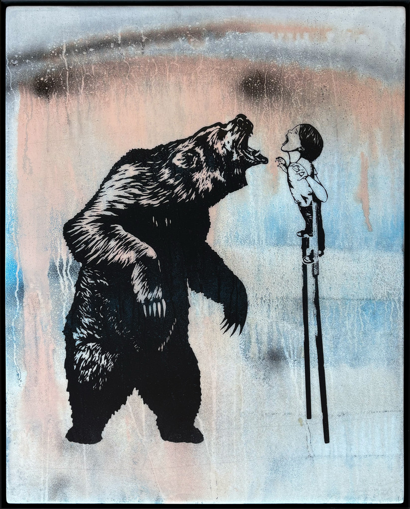 SOLD - FIERCE ON STILTS - one-of-a-kind 24x30 screen print and paint on wood panel, framed, with resin finish.- FREE USA SHIPPING