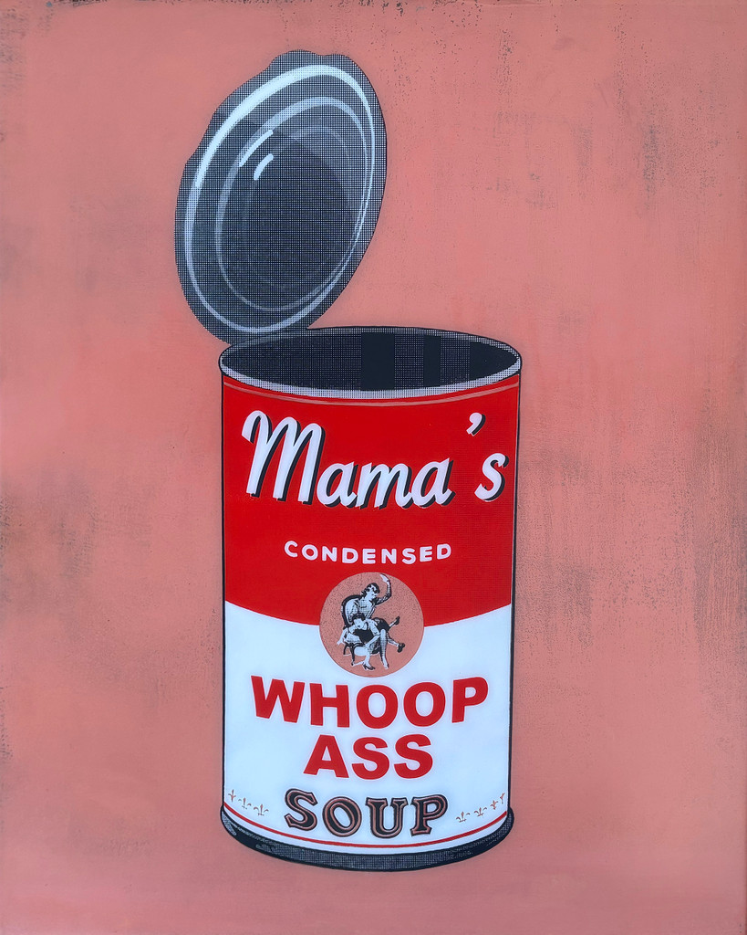 WHOOP ASS - one-of-a-kind original painting and six color screen print on resin coated wood panel. Framed and ready to hang