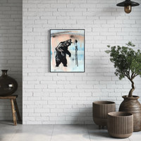 SOLD - FIERCE ON STILTS - one-of-a-kind 24x30 screen print and paint on wood panel, framed, with resin finish.- FREE USA SHIPPING