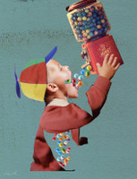 IT'S ALL MINE!

playfully celebrates the little voice in all of us that always wants a little more. A determined young candy enthusiast tips a vintage gumball machine directly into his mouth, turning childhood greed into a delightfully absurd spectacle of flying gumballs and sugar-fueled ambition. Beneath the humor is a lighthearted nod to gluttony, excess, and the timeless temptation to keep taking long after we've had enough—a whimsical reminder that the urge to have it all often starts earlier than we'd like to admit.