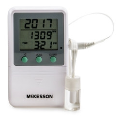 Digital Refrigerator / Freezer Thermometer with Alarm McKesson Fahrenheit / Celsius -58° to +158°F (-50° to +70°C) Glycol Bottle Probe Multiple Mounting Options Battery Operated  (1/EA)