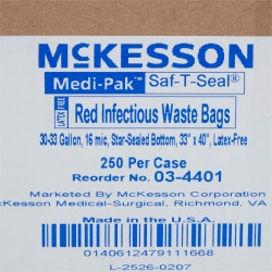 Infectious Waste Bag McKesson 30 to 33 gal. Red Bag Polymer Film 33 X 40 Inch  (250/CS)