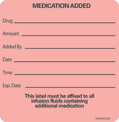 Pre-Printed Label MedVision® Advisory Label Fluorescent Red Paper MEDICATION ADDED NAME____ ROOM NO.__ DATE__ Amount_Added by_Date_Time_Exp Date_ Black Medication Name 2-1/2 X 2-7/16 Inch  (1/RL)