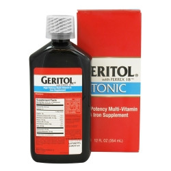 Multivitamin Supplement Geritol® Vitamin B3 / Choline Bitartrate / Iron 50 mg - 50 mg - 18 mg Strength Liquid 12 oz. Unflavored  (1/EA)