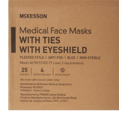 Surgical Mask with Eye Shield McKesson Anti-fog Pleated Tie Closure One Size Fits Most Blue NonSterile ASTM Level 3 Adult (M-226058)