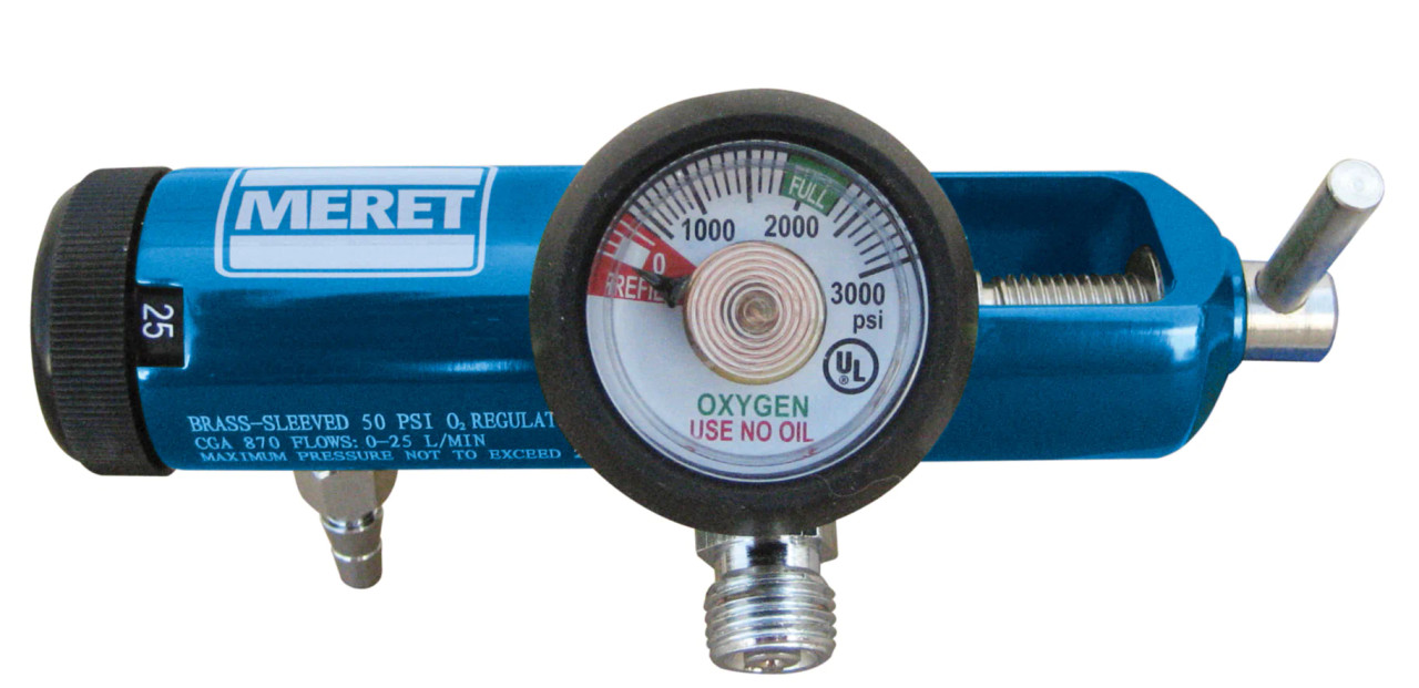 Meret Aluminum Oxygen Regulator - 0-25 LPM w/Knob | Live Action Safety