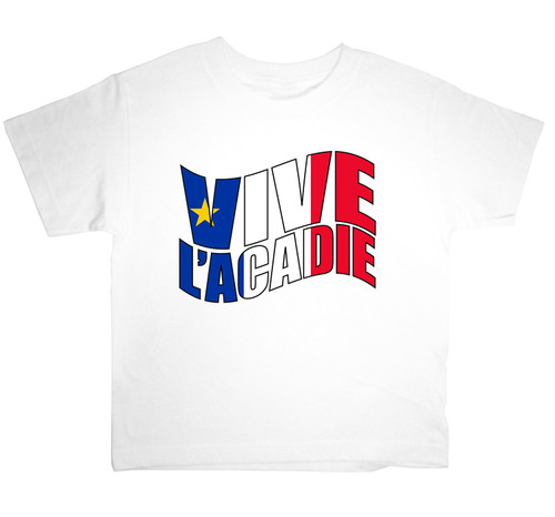 Vive l'acadie Kids T-Shirt Size 2. This soft and durable t-shirt is the perfect tee to sport at a Acadian Festival to show your Acadian Pride.