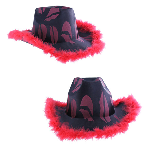 These hats are hot - Lip print cowboy hat with red fur trim hatband and outer-brim. Adult standard size will fit most women and teens (not smaller children).