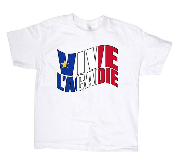 Vive l'acadie Youth Large T-Shirt. This soft and durable t-shirt is the perfect tee to sport at a Acadian Festival to show your Acadian Pride.