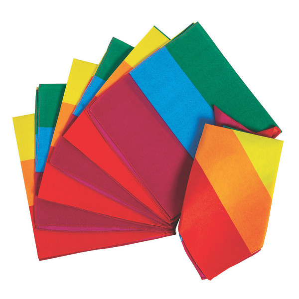 Wear these Rainbow Bandanas with pride at the next celebration! Featuring colorful stripes, these handkerchiefs are sure to wow at a rainbow birthday party or diversity event. Hand them out as party favors, prizes or giveaways to all the attendees! Polyester. 20"