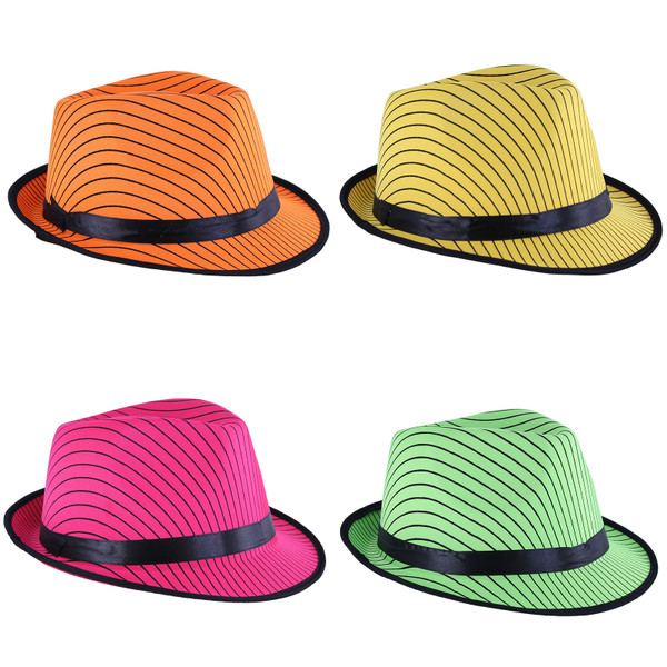 These deluxe adult satin pin stripe neon fedoras hats are a great accessory for anyone from 1920s gangsters to modern day dance stars.
