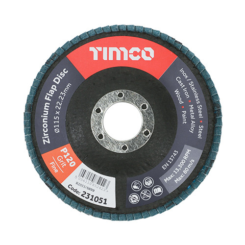 TIMCO Flap Disc - Zirconium - Type 29 Conical - P120 Grit - 115 x 22.23m