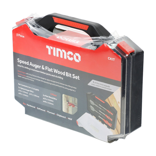 TIMCO Carpenter's Speed Auger & Flat Wood Bit Kit - 5pcs - Case of 5