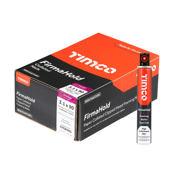 TIMCO FirmaHold Collated Clipped Head Nails & Fuel Cells - Retail Pack - Plain Shank - FirmaGalv - 3.1 x 90/1CFC - Box of 1100