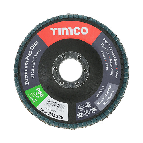 TIMCO Set of Flap Discs - Zirconium - Type 29 Conical - P60 Grit - 115 x 22.23 - Box of 10