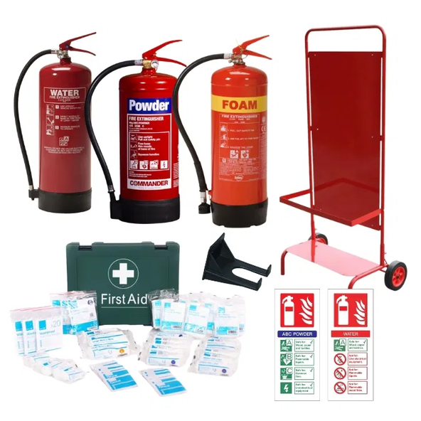 Triple Fire Trolley c/w 3 x 9L Extinguishers, Signage and 50 Person First Aid Kit 