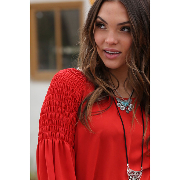 Cruel Girl Womens Red Smocked Shoulder Blouse
