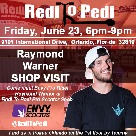 Envy Pro Scooter Rider Raymond Warner visits Redi To Pedi Pro Scooter shop in Orlando, Florida.