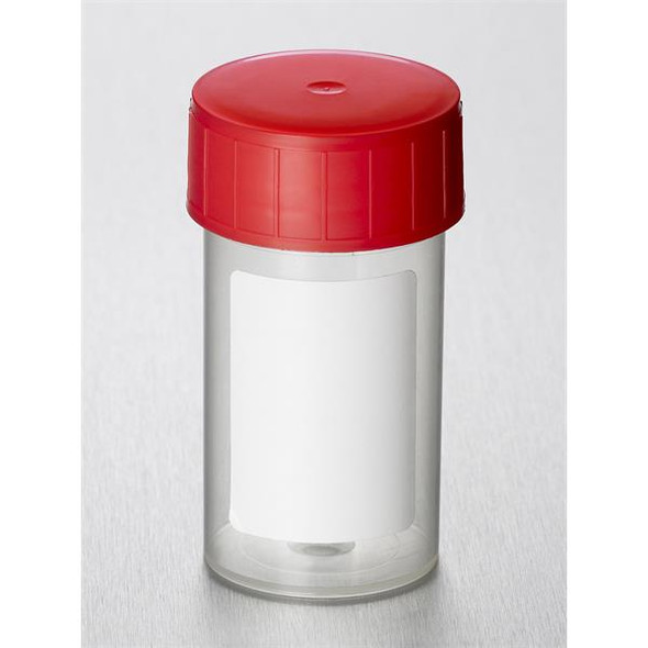 Containers 60ml PP Plain Label PE Red Cap STERILE Pk 700