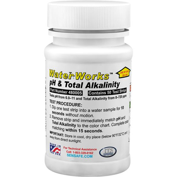 Alkalinity/pH test strips 0-720mg/L:6-11pH waterworks Pk 50