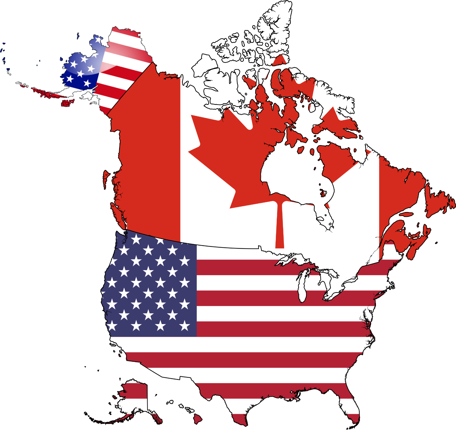 Canada and USA Map with Flags