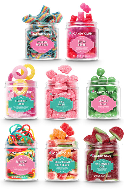 *Items in image and on list below are subject to change. YOU MAY NOT RECEIVE EXACTLY WHAT IS SHOWN OR LISTED.
"Too many sweet choices? No worries! Our Starter Pack takes the guess work out of which candy to buy. Filled with our best sellers — these candies will be a guaranteed hit with your customers.
Pack Includes: 
6 - Rainbow Sour Belts
6 - Strawberry Sour Belts
6 - Dragon Eggs
6 - Pink Piglets
6 - Sour Cherry Cola Bottles
6 - Watermelon Slices
6 - Blue Razz Sour Belts
6 - Starfish Sweeties
6 - Pink Lemonade Rings
6 - Triple-Decker Sour Bears
6 - Rainbow Bites
6 - Sour Robots
MSRP of small cups - $6.99
Candy Club makes the perfect treats for all of your fall festivities! We have goodies for Back-to-School Fun, Spooky Halloween Treats, Pumpkin Days and more!  A display of Candy Club gift shop items is sure to please all of your customers! 
Made in the USA *Items in image and on list below are subject to change. YOU MAY NOT RECEIVE EXACTLY WHAT IS SHOWN OR LISTED.
"Too many sweet choices? No worries! Our Starter Pack takes the guess work out of which candy to buy. Filled with our best sellers — these candies will be a guaranteed hit with your customers.
Pack Includes: 
6 - Rainbow Sour Belts
6 - Strawberry Sour Belts
6 - Dragon Eggs
6 - Pink Piglets
6 - Sour Cherry Cola Bottles
6 - Watermelon Slices
6 - Blue Razz Sour Belts
6 - Starfish Sweeties
6 - Pink Lemonade Rings
6 - Triple-Decker Sour Bears
6 - Rainbow Bites
6 - Sour Robots
MSRP of small cups - $6.99
Candy Club makes the perfect treats for all of your fall festivities! We have goodies for Back-to-School Fun, Spooky Halloween Treats, Pumpkin Days and more!  A display of Candy Club gift shop items is sure to please all of your customers! 
Made in the USA