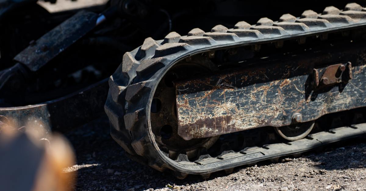 A close-up of rubber tracks on black heavy machinery. There is rust and wear on the track components.