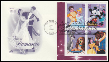 4028a / 39c Romance : Art of Disney Series Se-Tenant Plate Block Artcraft 2006 FDC