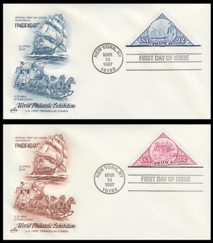 3130 - 3131 / 32c Pacific '97 Triangles Blue and Brown Hard to Find Cachet Set of 2 Artcraft 1997 First Day Covers