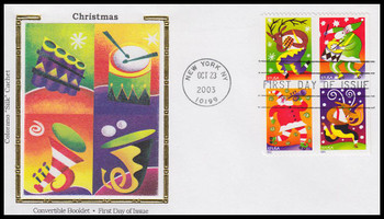 3824b / 37c Holiday Music Makers PSA Convertible Booklet Block : Christmas Series 2003 Colorano Silk First Day Cover