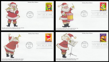 3825 - 3828 / 37c Holiday Music Makers PSA Vending Booklet Singles Set of 4 Mystic 2003 FDCs