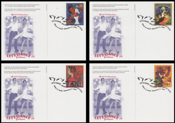 UX445 - UX448 / 23c Let's Dance Miami, FL Postmark Set of 4 Artcraft 2005 Postal Cards FDCs (1st Card Has Small Stain Above Postmark)