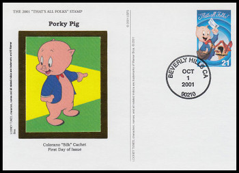 UX376 / 21c Porky Pig : Looney Tunes 2001 Postal Card Colorano Silk First Day Cover