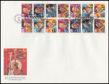 2724 - 2730 / 29c Rock & Roll / Rhythm & Blues Musicians Sheet Issue Se-Tenant Stamps On 1 Oversized Large Format 1993 Fleetwood First Day Cover