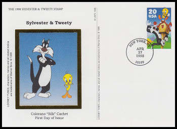 UX291 / 20c Sylvester and Tweety : Looney Tunes Series 1998 Colorano Silk Postal Card First Day Cover